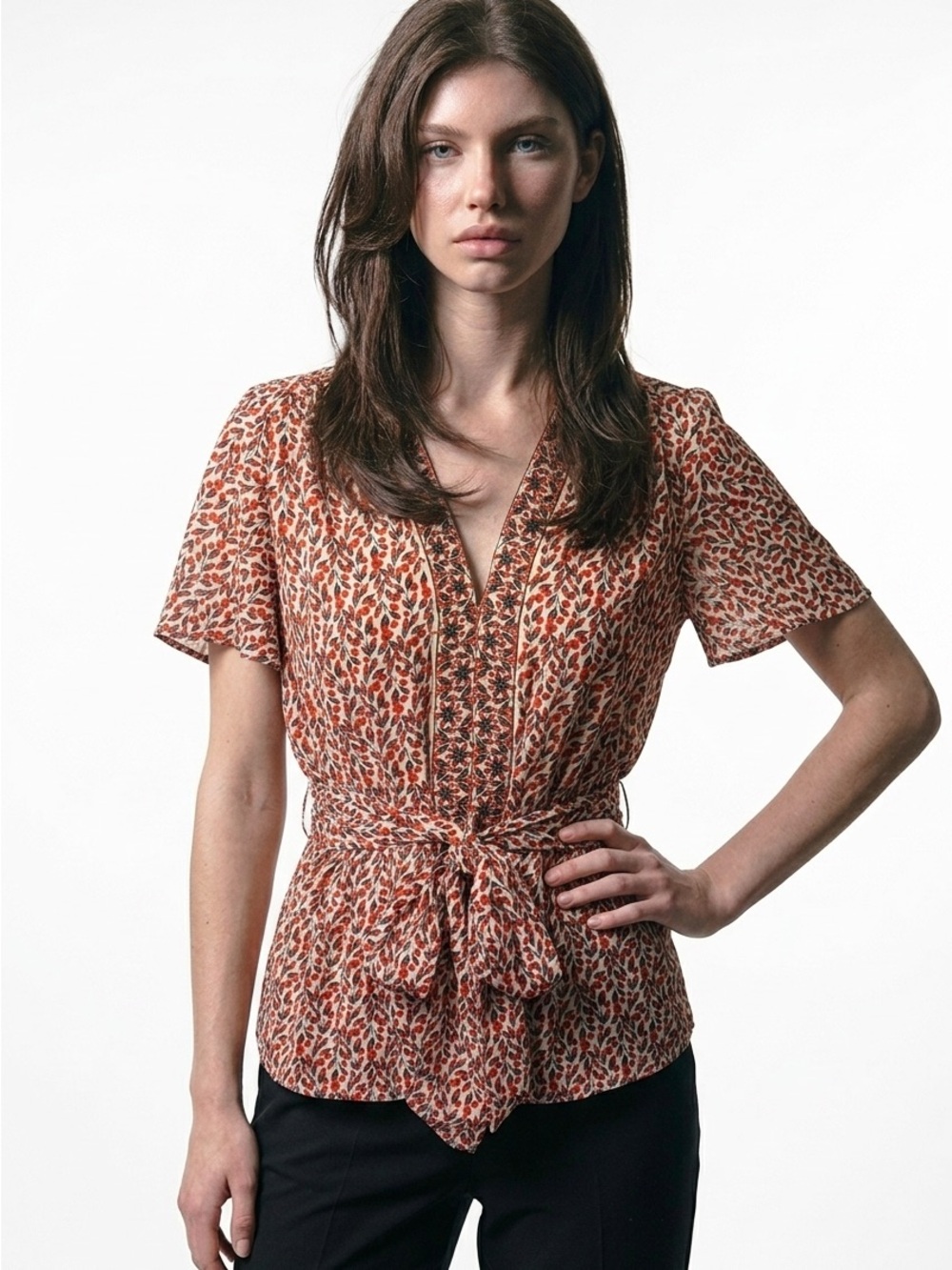 Max Studio Women's Sz Small Orange Floral Print Blouse Flutter Sleeves Belted